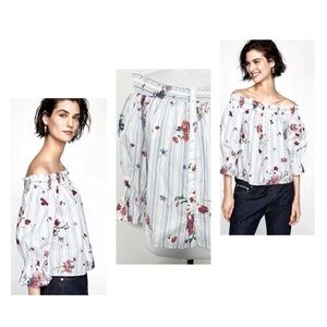 ZARA Off-The-Shoulder Top Floral Print Poplin Blouse Small Lightweight EUC